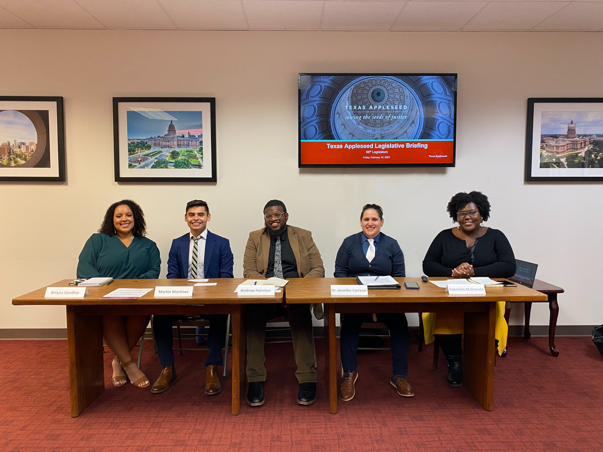 Texas Appleseed staff members, in 2022 at the Texas Capitol, our legislative briefing, left to right: Briana Gordley, Martin Martinez, Andrew Hairston, Jennifer Carreon, Gabriella McDonald