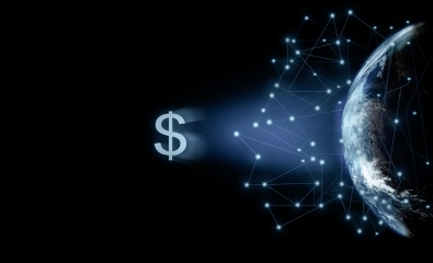 Dollar sign in space next to earth, representing wire transfer of money internationally