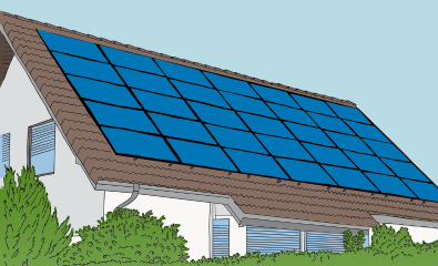 Graphic of a white house and brown shingles with solar panels on the roof; green bushes and grass