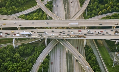 Cars and trucks on a highway in Houston; aerial view